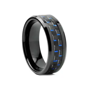Black Men's Tungsten Carbide Wedding Band With Black and Blue Carbon Fiber Inlay, 8mm Sizes 7 to 13