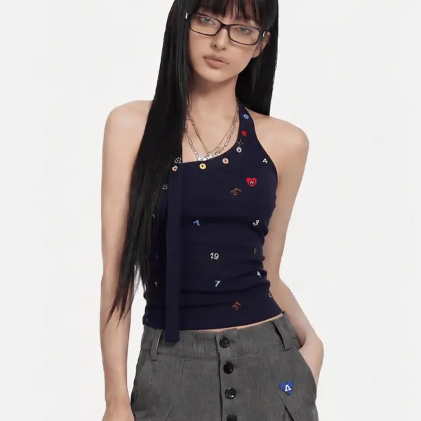 AELFRIC EDEN Halter Tank Top Asymmetrical Strap Slim-Fit Ribbed Knit Casual Streetwear for Women - 91% Cotton 9% Spandex, Colorful Heart & Number Embroidery, Summer Layering Piece