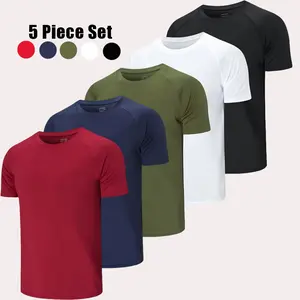 5 Pack Men's Solid Crew Neck Regular Sleeve T-Shirt, Moisture Wicking Active Sleeve, Back to School Basketball Workout Gym Wear Athletic Sports Clothing Athletic Top Athletic Mesh compression shirt