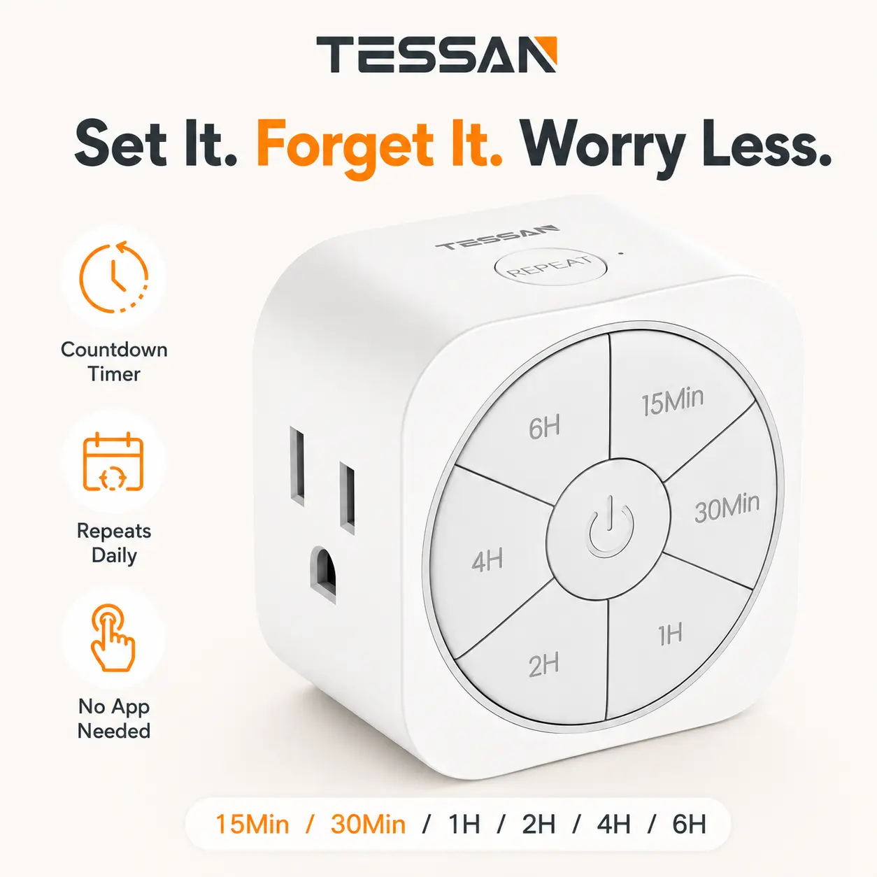 TESSAN Timer Outlet Indoor, Countdown Timers for Electrical Outlets Up to 6H for Lights, Iron, Fan, Electric Bike, Auto Shut Off Switch for Home Kitchen Bedroom, 1875W