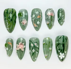 Green Forest Koi Press-On Nails | Handmade Koi Fish Nail Set | Green Floral & Marble Press-Ons | Glossy Press-On Nail Set