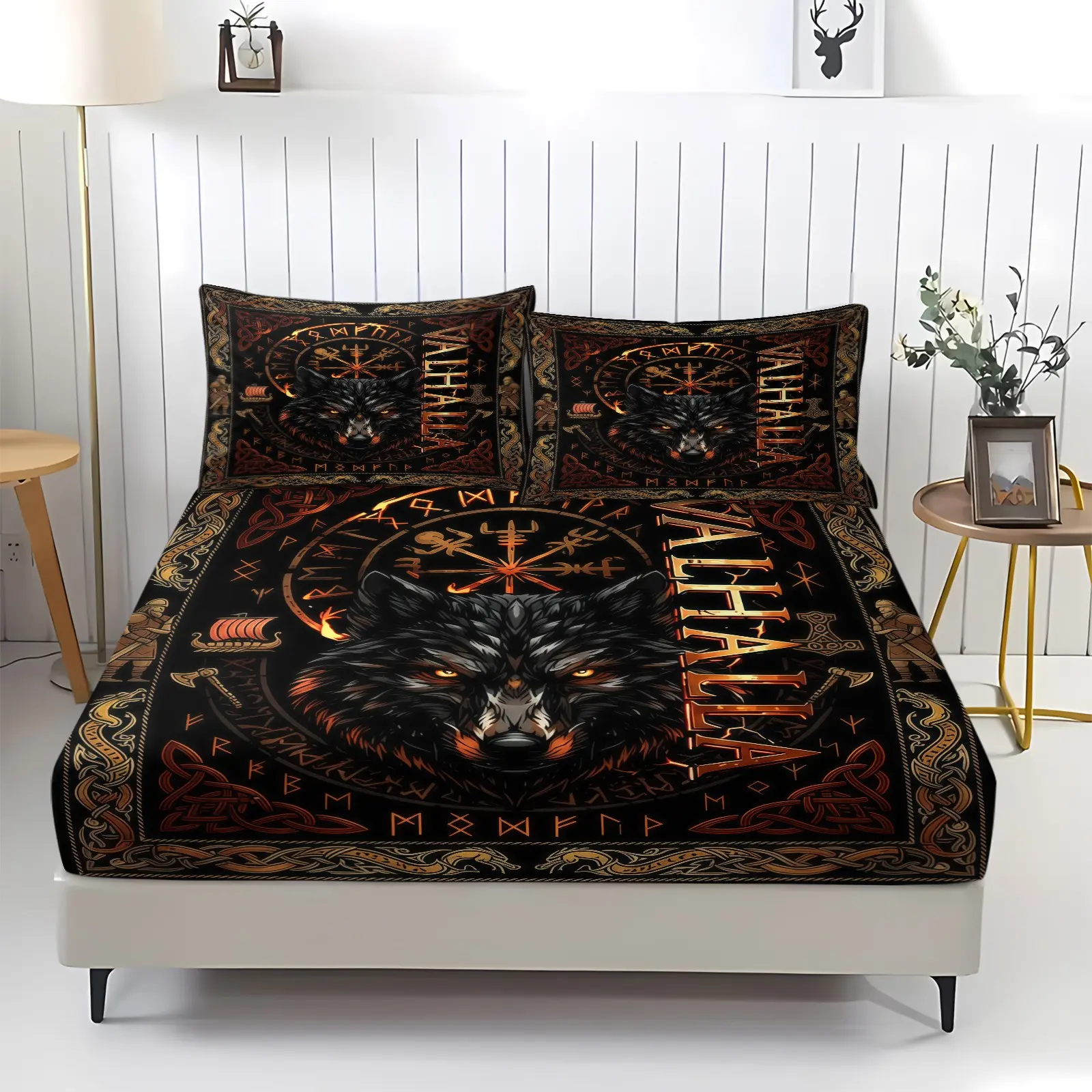 Nordic Hall Of Valor Wolf-Themed Bed Sheet Set, Viking Mythology Style Bedding Set, Polyester Bedding Set, Bed Sets (1 Sheet + 2 Pillowcases, No Pillow Core), Suitable For Men, Gamers, Viking Culture Enthusiasts, Bedrooms, Dormitories
