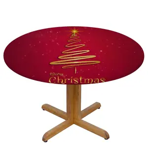 Round Fitted Tablecloth with Elastic Edge, Gold Tree Round Table Cover Circle Table Cloth Wipe Clean Table Cover 45"-50" for Dining Kitchen Picnic Christmas Decorations Gifts