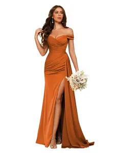vintys Womens Off Shoulder Mermaid Bridesmaid Dresses Long with Slit Orange Pleated Satin Formal Dresses for Women 8