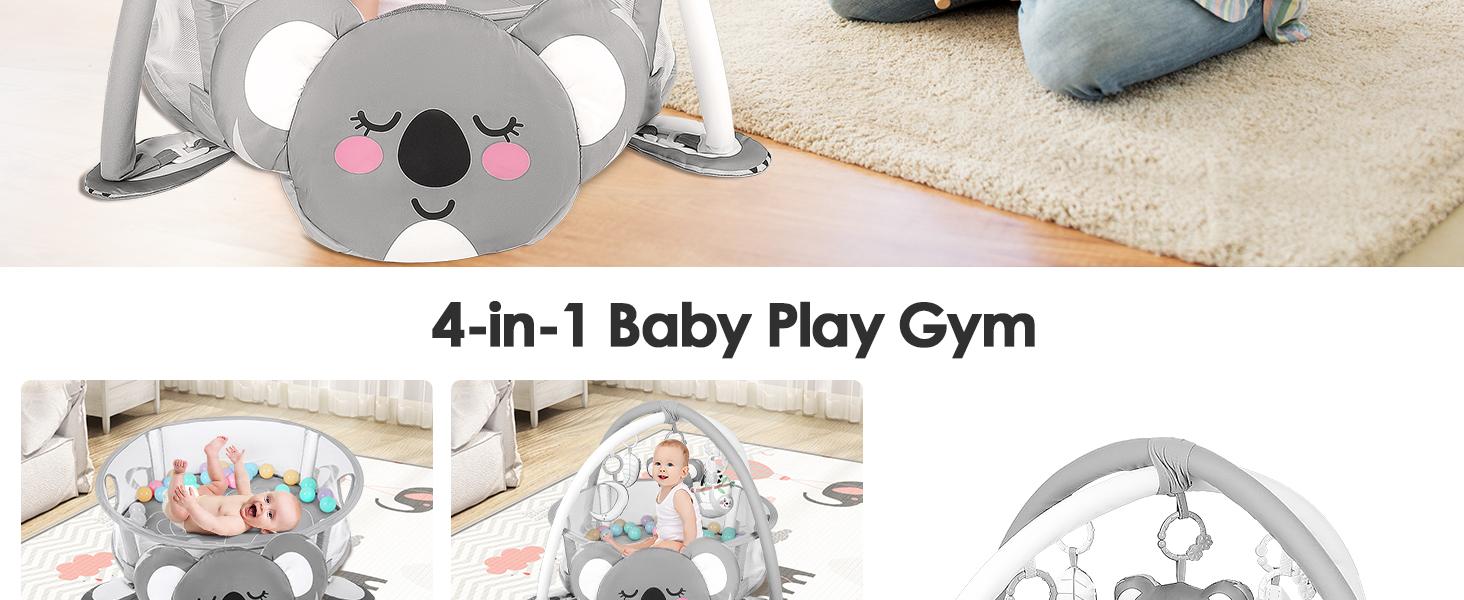 dearlomum 4-in-1 Baby Play Mat Koala Gym Tummy Time Mat for Floor Activity with 30 Balls & 5 Sensory Toys for Newborn Toddler Boy & Girl Gifts