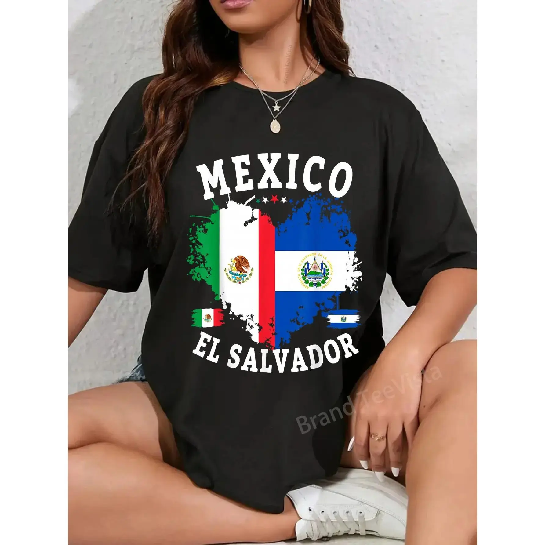 Women's Soft Breathable Comfy Everyday Mexico & Salvador Flag Costume Tee for Salvadoreño, Fabric, Relaxed Fit, Piece, Style, Basics, Casual Tee, Cotton