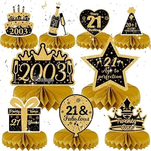 21st ,30th ,40th ,50th,60th,70th Birthday Party Decorations - 9 Pieces Black Gold Happy 21st Birthday Honeycomb Tables Centerpieces Vintage 2003 Cheers To 21 Years Old Theme Party Supplies Table Toppers