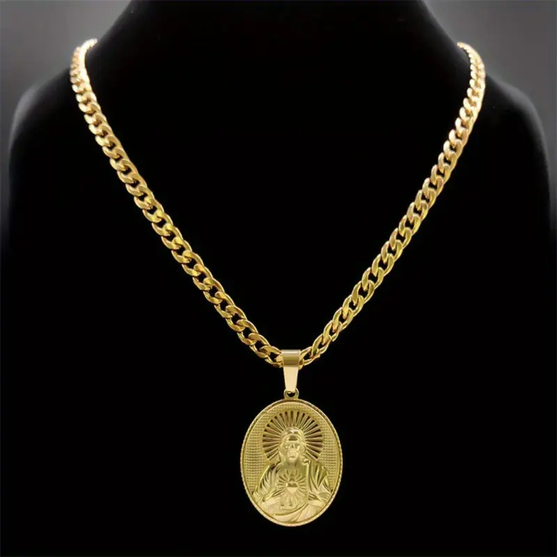 Christian Jesus Medallion Necklace for Men Gold Color Stainless Steel Religious Jewelry Gift Chain Pendant Gold Plated Crucifix