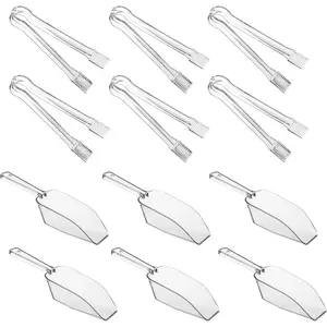 12 Combo Pack 6 Pieces Mini Plastic Serving Utility Kitchen Tongs and 6 Pieces Clear Mini Buffet Ice Scoops for Candy Dessert Buffet Ice