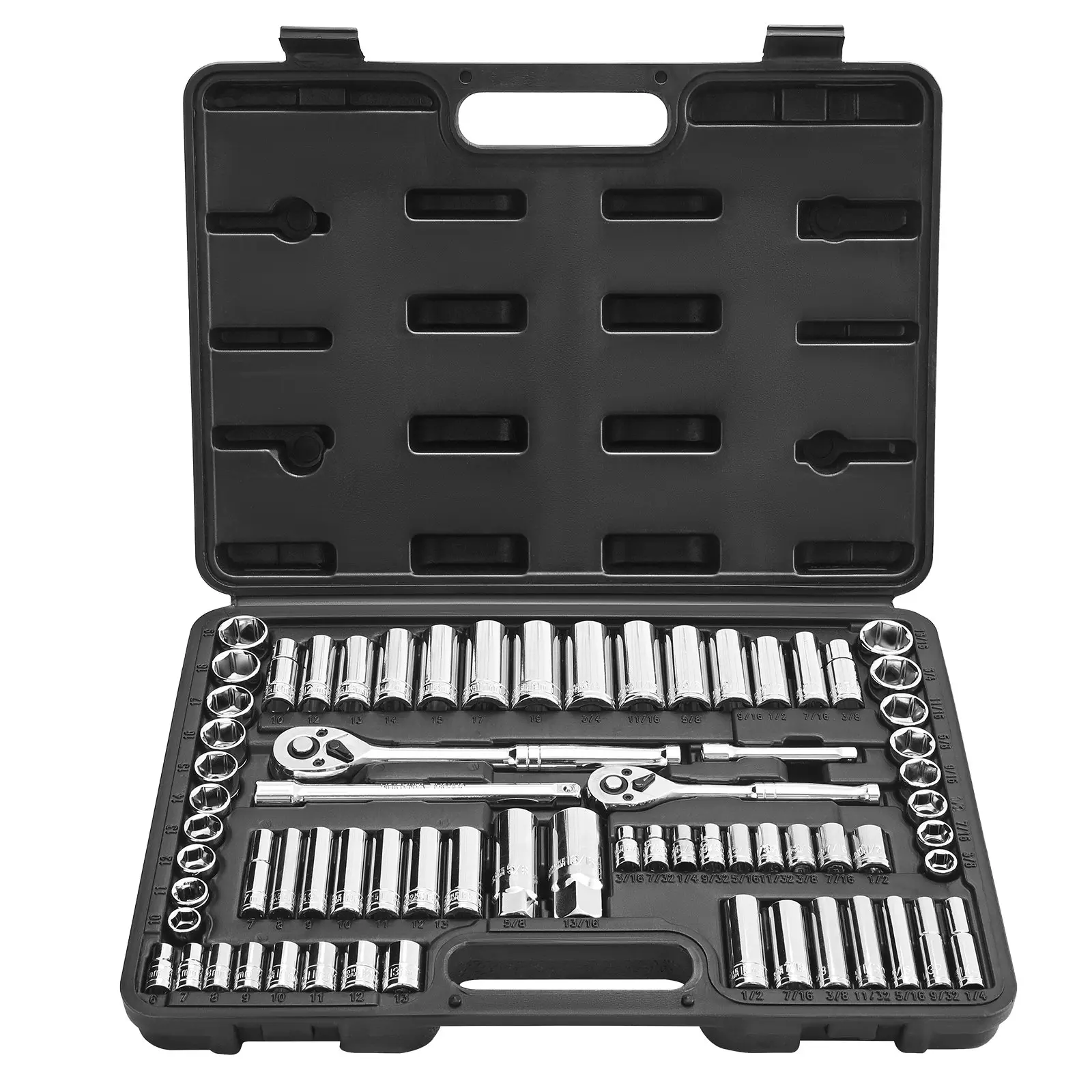 VEVOR 69-Pcs CR-V Alloy Steel Socket Set (9.48 lbs) – 1/4 inch + 3/8 inch Drive Ratchet Kit with SAE/Metric Deep & Standard Chrome-Plated Sockets, Easy-to-Read Sizes, High Torque Design, Accessories & Storage Case for Car Repair, Bike Assembly