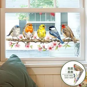 Cute Five Birds Glass Sticker, Watercolor Style, No Glue Needed, Living Room Window Decoration, Adorable Bird Decal, Graphic Decal, Removable Window Decal, Decorative Sticker, Stickers Decor