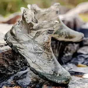 Men's Camo Waterproof Rain Boots - Durable, Slip-Resistant Short Ankle Boots for Outdoor Work, Fishing, and Gardening with Reinforced Rubber Sole and Pull Tab Design, Gardening Footwear | Camouflage Footwear | Slipresistant Footwear Boy Walking Shoes