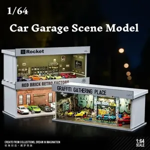 Diorama 1:64 Car Garage Model Car Tuning Store Model LED Lighting Graffiti Scene Model Red Brick Retro Factory Model Mini Car Collection Diecast Car Display Gift Toy Display Case