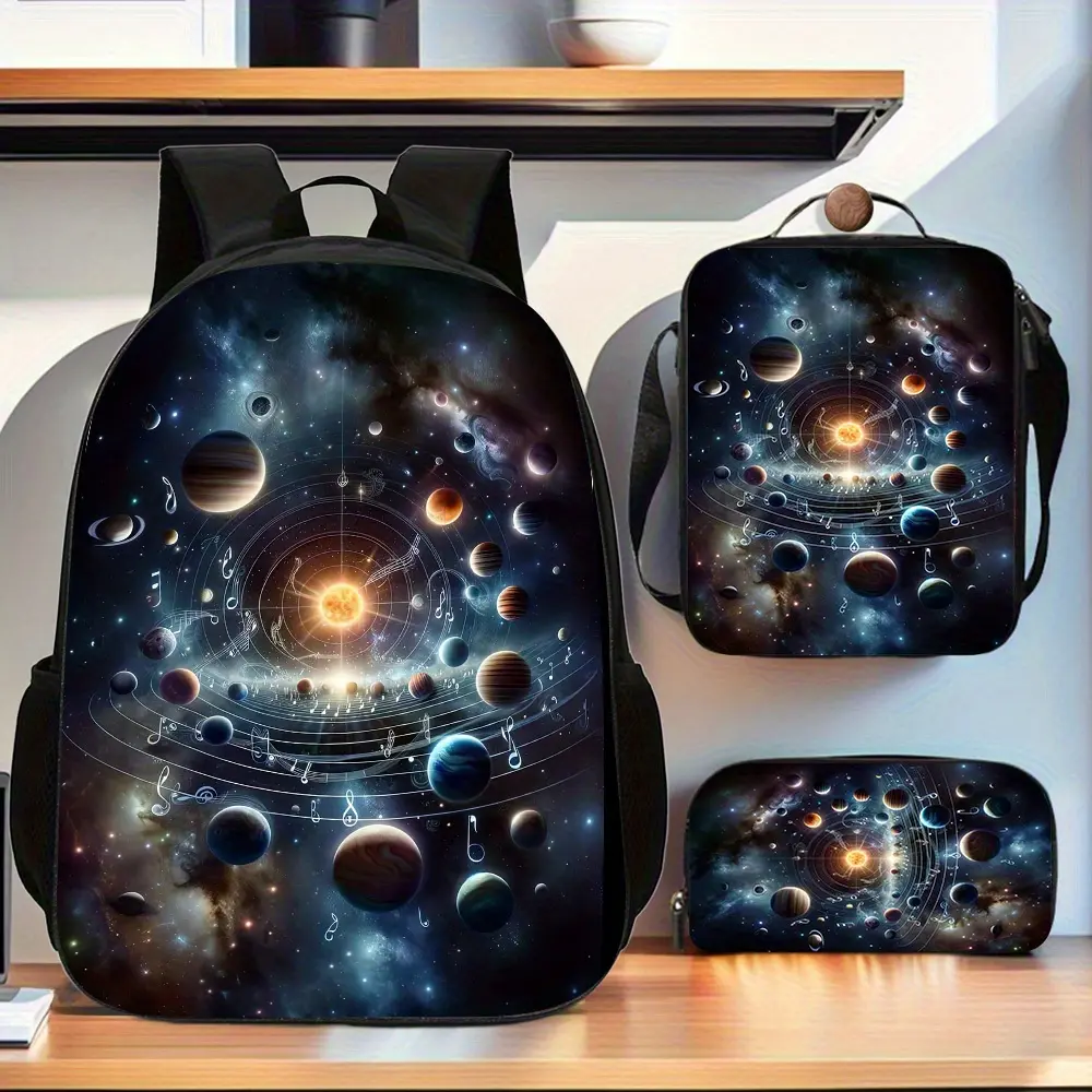 3Pcs Solar System & Music Note Print Backpack Set Durable 600D Oxford Cloth School Bag Insulated Lunch Box & Pencil Case Combo Adjustable Breathable Strap Large Capacity Fits 15in Laptop for Kids Teens School Travel Outdoor Use