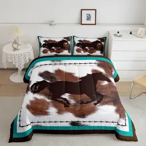 Horse Bedding Set,Comforter Set,Rustic Western Cowboy Cowhide Print Comforter,Retro Farmhouse Horse Teal Blue Brown Duvet Set