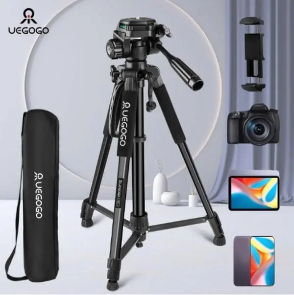 UEGOGO 60in Sturdy 3-Way Adjustable Aluminum Alloy Camera Tripod Stand with Universal Tablet-Phone Holder, Table Top Accessory for DSLR Cameras, Smartphones, Tablets, Ideal for Streamer Setup, Daily Photography