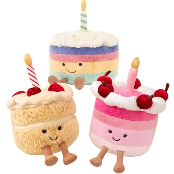 Kawaii Aesthetic Smile Cake-Shaped Plush Toy, Soft Fillings Stuffed Cherry Dessert Doll with Candle, Fluffy Friends Stuffed Toy for Kids’ Birthday Gifts, House Decoration