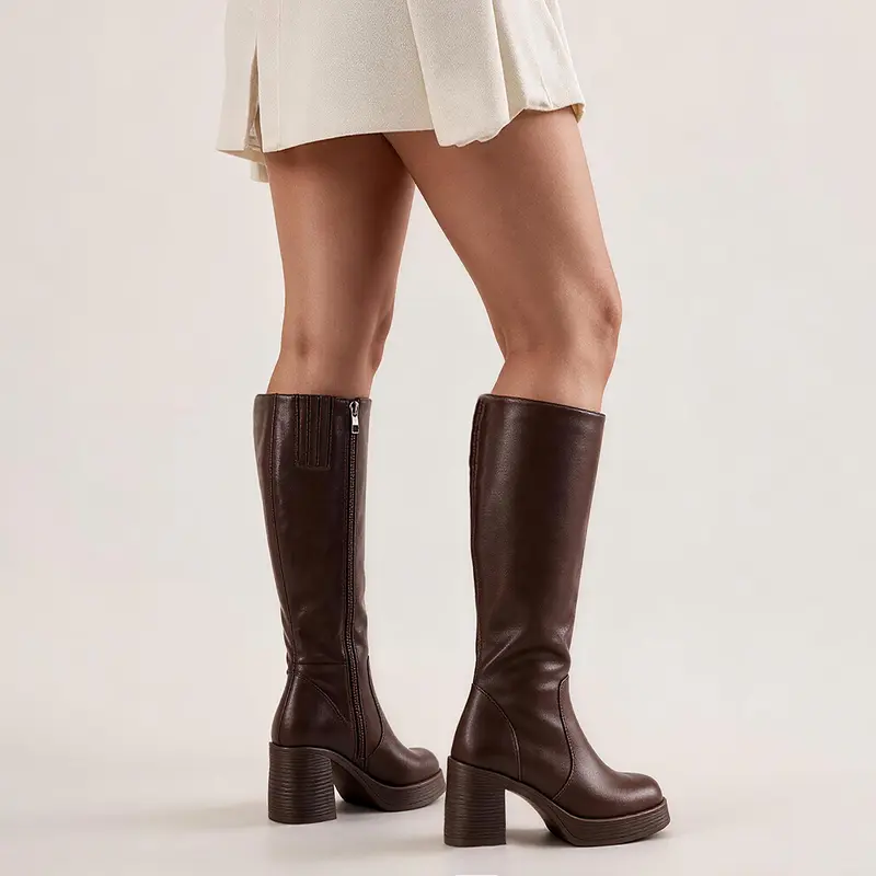 Callista Women's Wide Calf Knee High PU Leather Boots - Square Toe, Chunky Heel Style, Platform Sole, Full Side Zipper, Comfortable Heels, Sleek and Smooth, Casual Modern Statement Footwear,outdoorfun