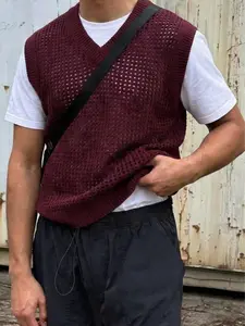 Men's Fashion Spring Summer New Hollow Out Solid Color Ribbed Casual Breathable Sleeveless Vest Pullover Round Neck Knit Top