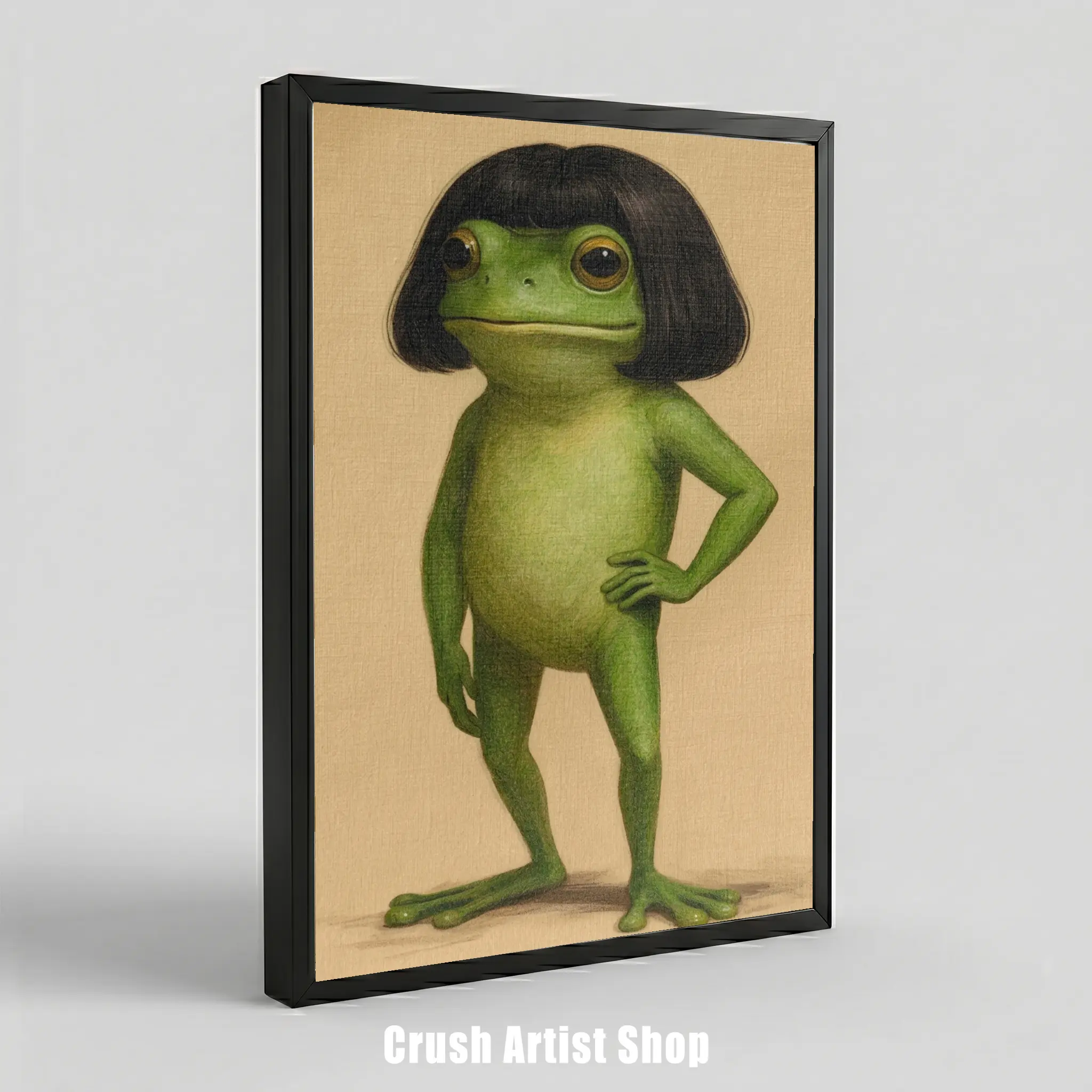 Funny Frog Art Poster - Whimsical Big-Head Bubble Style Canvas Print with Black Frame, Kids' Room Animal Wall Decor