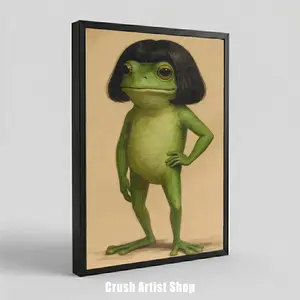 Funny Frog Art Poster - Whimsical Big-Head Bubble Style Canvas Print with Black Frame, Kids' Room Animal Wall Decor