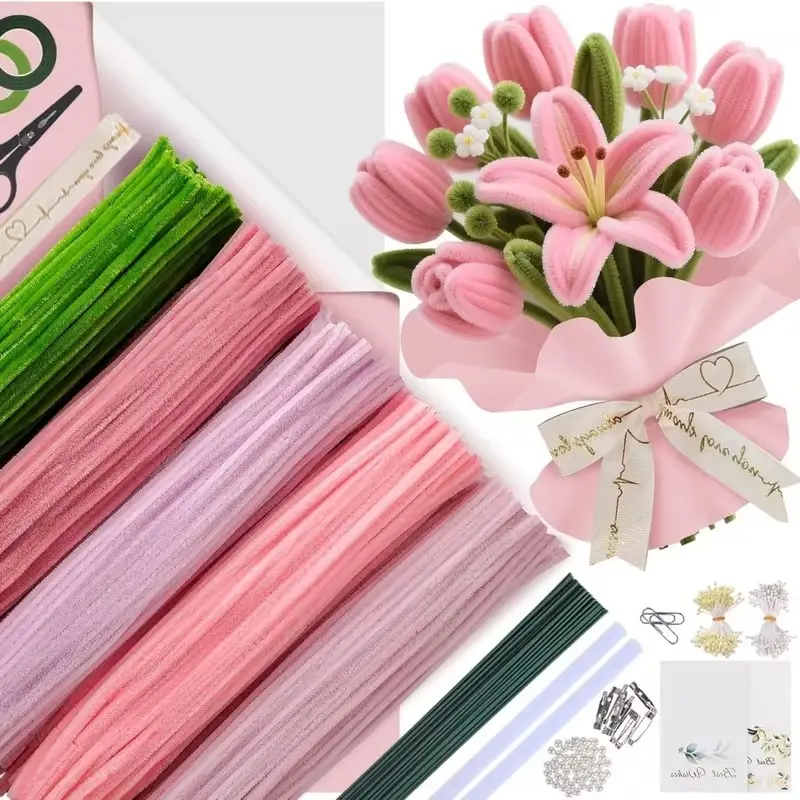500-Piece Vibrant Pipe Cleaners Craft Kit for Artificial Flower Making, Complete DIY Bouquet Set with Chenille Stems, Craft Wire, Stamen, Tape, Ribbon & More, Ideal for Arts & Handmade Decor Gifts