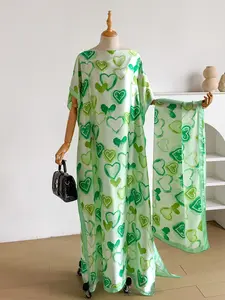 Women's Fashion Heart Print Robe Set, Hooded Shawl Dress + Long Headscarf Hairband, Beach Sun Protection Satin Scarf