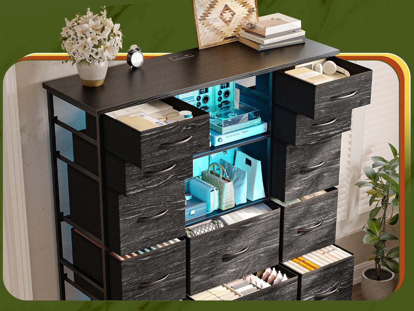 Raybee Furniture 51" H Dresser with 15 Drawers Dresser for Bedroom, with Charging Station & LED Lights & Hutch Sturdy, Steel Frame, Wood Top