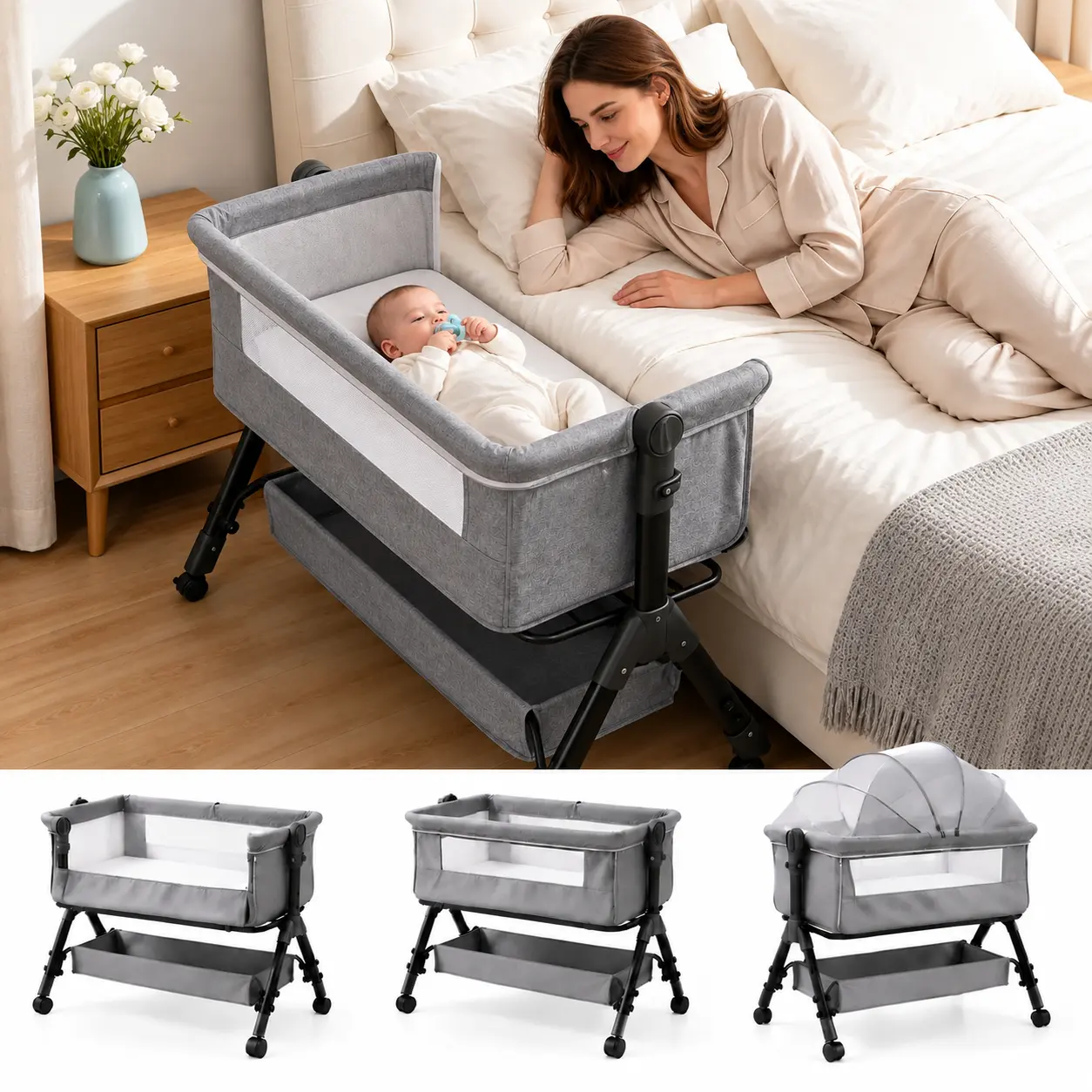 Baby basinet bedside sleeper 3-in-1 Crib for Infant and Newborn, Baby bed  with Storage Basket and Mosquito Net, Ultra-Quiet Wheels, Mesh Frame,Portable Baby Furniture