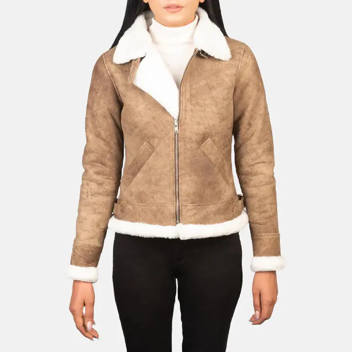 Women's Brown Shearling Leather Jacket – Warm Faux Fur Winter Coat