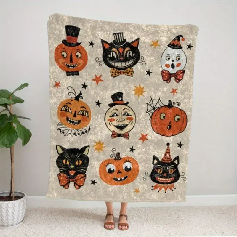 Vintage Black Cat Halloween Blanket Soft Flannel Throw - Retro Spooky Primitive Cute Print Cozy Bedding Couch Cover for Living Room Bedroom Sofa, Autumn Holiday Halloween Gift Spooky Season Present Gift Idea