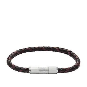 Fossil Men's Machine Knurled Texture Leather and Stainless Steel Station Bracelet