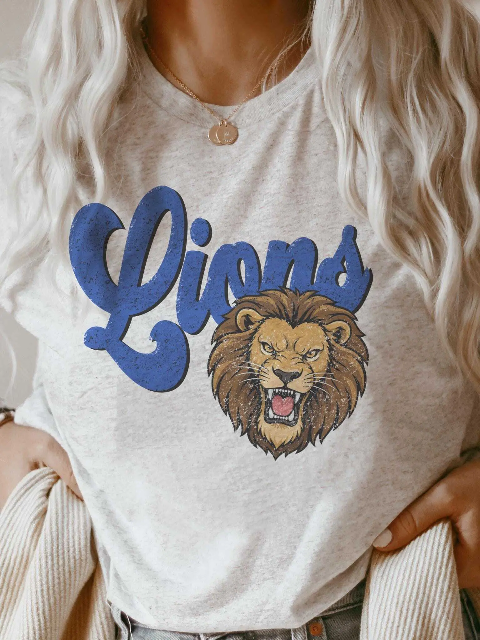 Lions Blue Script Shirt, Vintage School Spirit Tee, Distressed Mascot Shirt, Football Game Day T-Shirt, Retro Team Spirit Shirt Cotton Trending