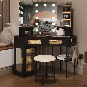 Corner Vanity Desk with Lighted Mirror and Charging Station Power Strip Makeup Vanity Desk with Lights and Stool Corner Makeup Table with Hollywood Mirror 3 Color Dimmable Lighting Grey Minimalist Modern Design