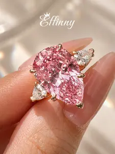 Effinny Non-tarnish 8.0ct Pink Three Stone 14K Gold Plated Pear Cut Tear Drop Engagement Ring, CZ Travel-friendly Last Present Future Fashion Promise Jewelry for Women