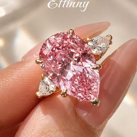 Effinny Non-tarnish 8.0ct Pink Three Stone 14K Gold Plated Pear Cut Tear Drop Engagement Ring, CZ Travel-friendly Last Present Future Fashion Promise Jewelry for Women