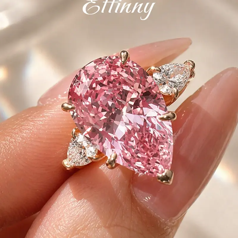 Effinny Non-tarnish 8.0ct Pink Three Stone 14K Gold Plated Pear Cut Tear Drop Engagement Ring, CZ Travel-friendly Last Present Future Fashion Promise Jewelry for Women