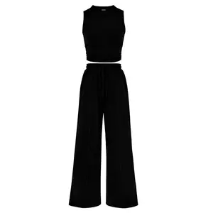Women's 2 Piece Summer Outfit, Ribbed Knit Sleeveless Crop Tank Top and High Waist Wide Leg Pants Set, Drawstring Casual Loungewear, Elastic Waist Matching Tracksuit for Vacation, Daily Wear