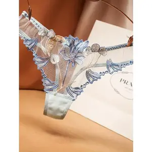 Elegant Floral Embroidered Mesh Thong Panties for Women - Breathable, Transparent with Delicate Lace Detailing, Comfortable Polyester Blend Lingerie, Breathable Underwear|Midrise Thong|Mesh Fabric(Sheet)