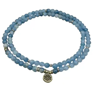 Calm & Serenity Blue 108-Bead Jewelry - Lotus Pendant Dual-Use Necklace/Bracelet with 108 Beads for Elegance and Functionality