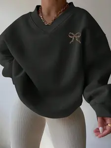 Women's Casual Chic Commuter Loose V-Neck Pullover Sweatshirts, Leopard Bow Print Graphic Design, Comfortable Long Sleeve Top for Spring & Fall