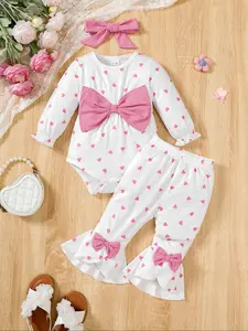 Cute Heart Pattern Bow Decor Long Sleeve Romper & Ruffle Pants Set with Solid Color Headband for Baby Girls All Season Wear