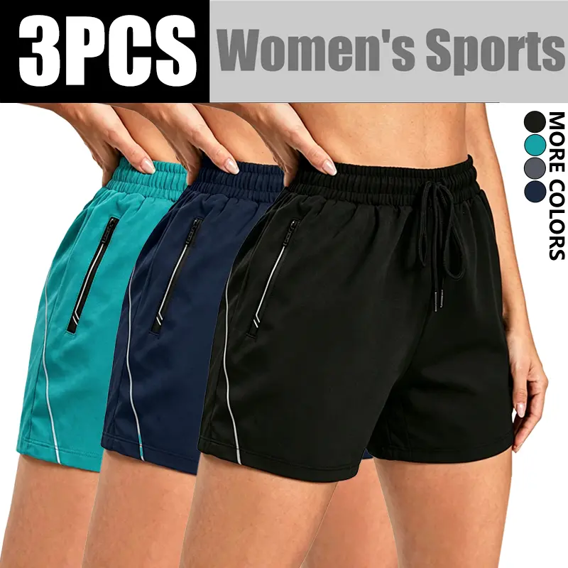 LIFE KEEPS MOVING women’s casual athletic shorts with pockets, 3-piece set (runs large—order smaller sizes). Elastic waistband shorts for running and gym workouts; quick-drying, breathable running pants with zippered pockets that provide a slimming fit; f
