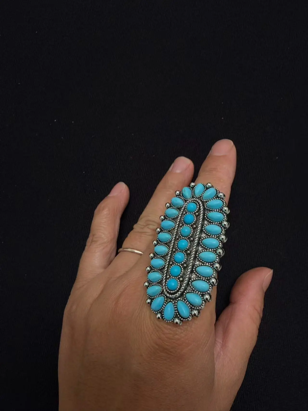 Vintage Turquoise Style Western Statement Ring Large Boho Silver Tone Adjustable Ring Navajo Inspired Jewelry