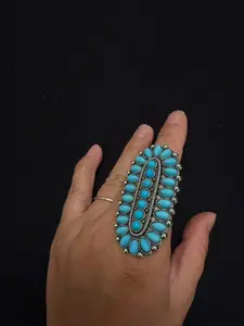 Vintage Turquoise Style Western Statement Ring Large Boho Silver Tone Adjustable Ring Navajo Inspired Jewelry