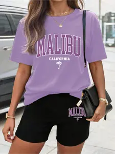 Women's round neck letter printed casual short sleeved T-shirt and shorts Matching set, 2 pieces/set, summer