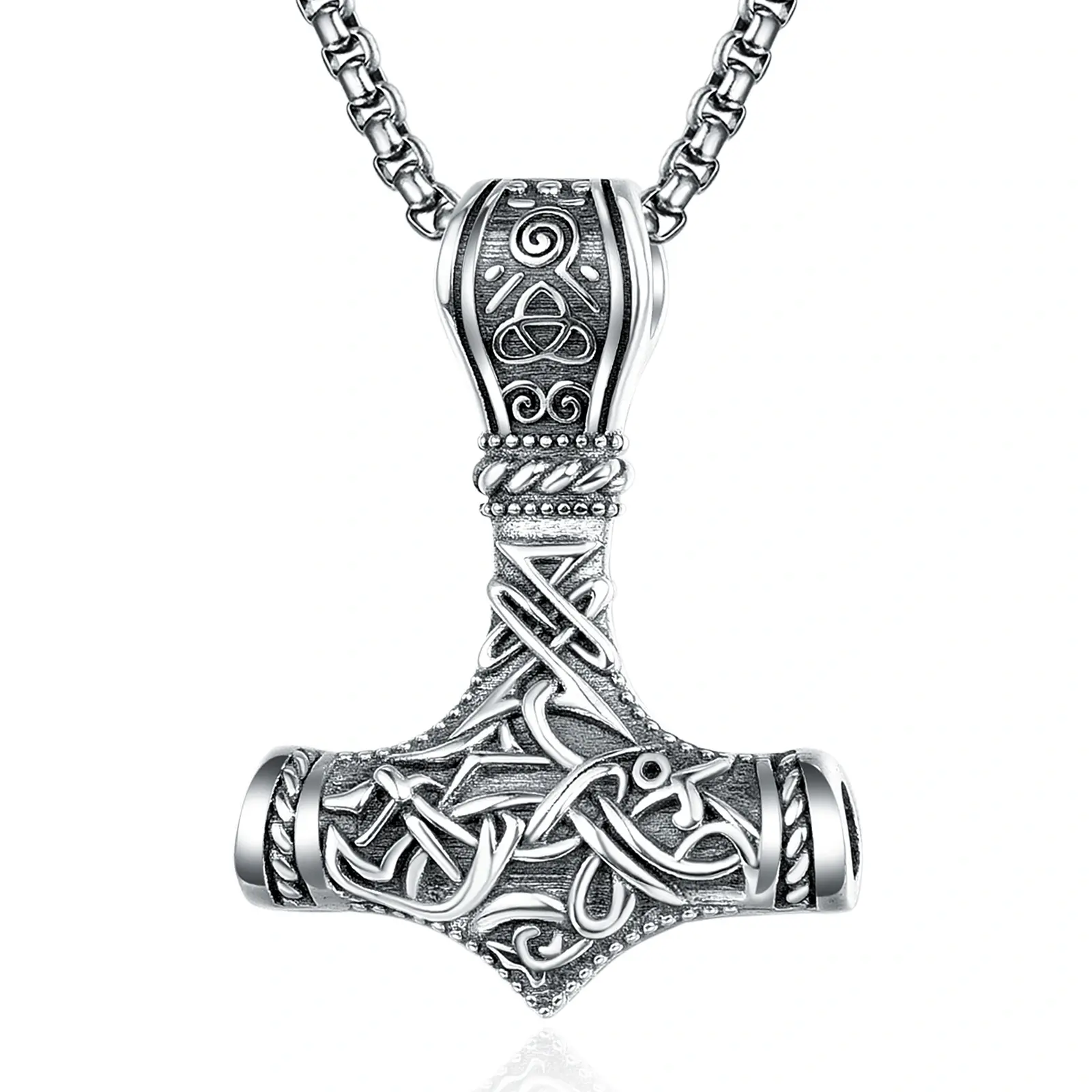 S925 Men's Sterling Silver Thor's Hammer and Viking Rune Pendant Necklace Sterling Silver
