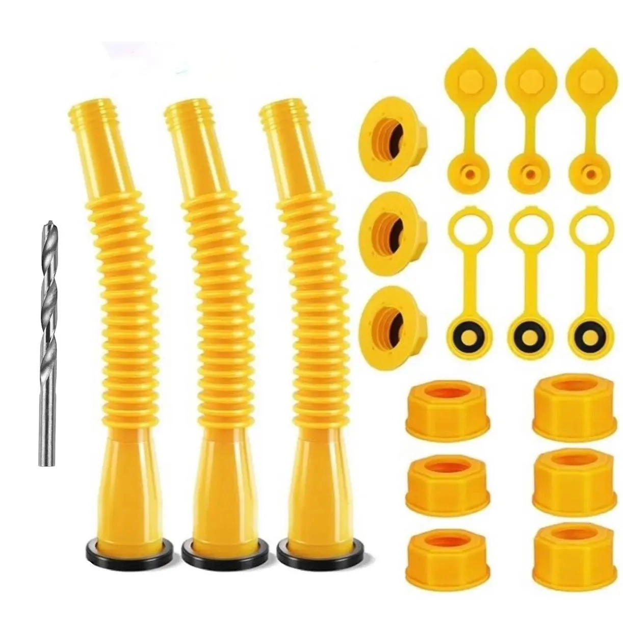 3Set Gas Can Spout Replacement, Gas Can Nozzle. Spout Length is 8.1 in, Easier to use. For most 1/2/5/10 gal oil cans. With Gas Tank Vent Caps, Thick rubber pad, Spout Cover, Base Capss, Universal Car Gasoline Nozzle Set for Fuel Containers 19pcs outdoorf