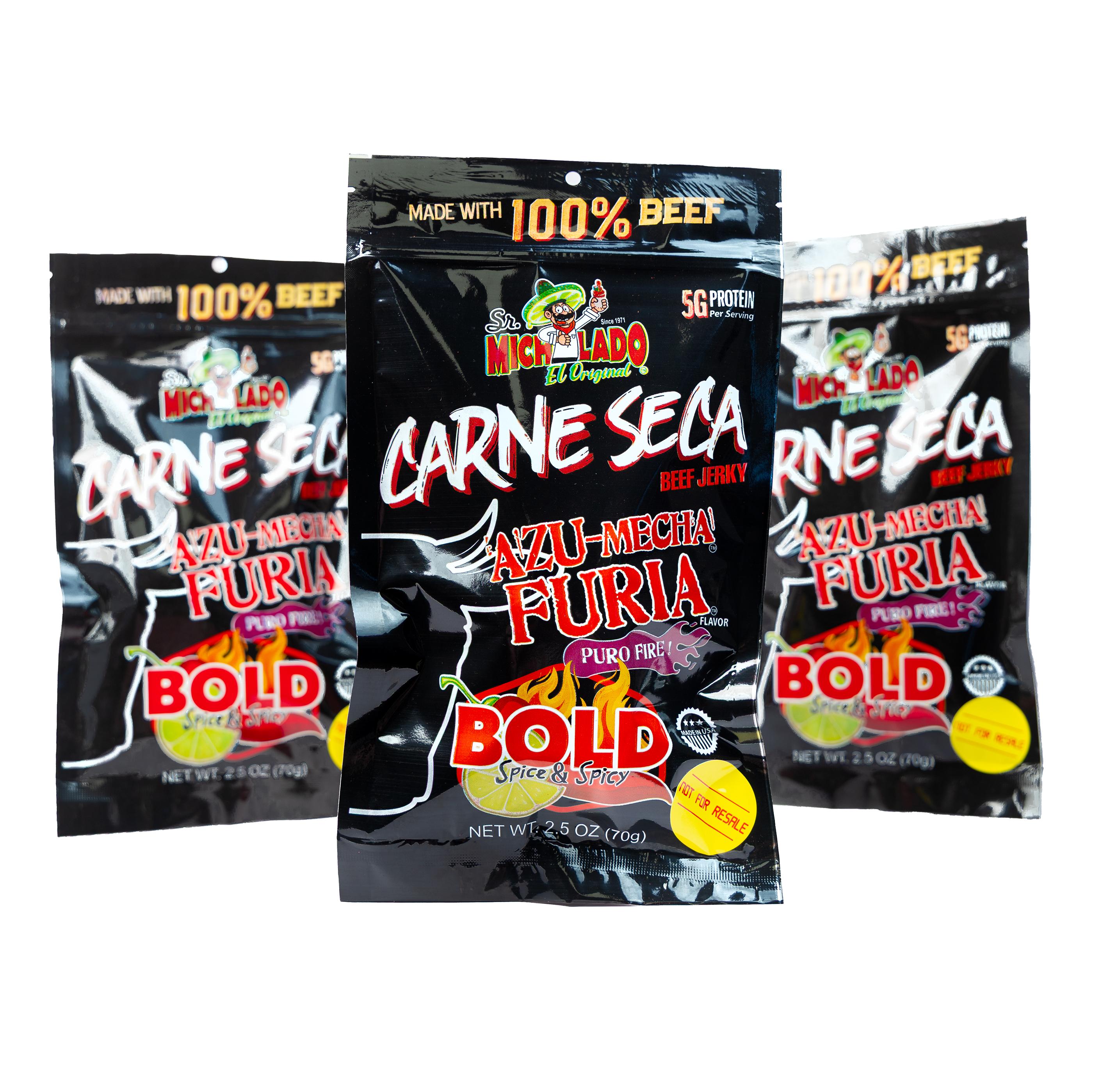 3pk Carne Seca BOLD - Sr. Michelado - Crunchy Beef Jerky - Azu Mecha Furia BOLD 3pk - 2.5oz 3pk Carne Seca BOLD - Sr. Michelado - Crunchy Beef Jerky - Azu Mecha Furia BOLD 3pk - 2.5oz