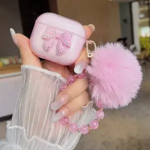 Fashion Glitter Butterfly Earphone Case, Earphone Protective Cover with Pom Poms and Pearl Chain, Cute Design for Women, Perfect Gift Idea